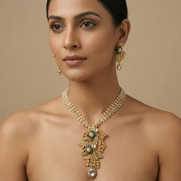 Gold_Tone_Green_Stone_Floral_Pearl_Beaded_Necklace_Set_For_Women