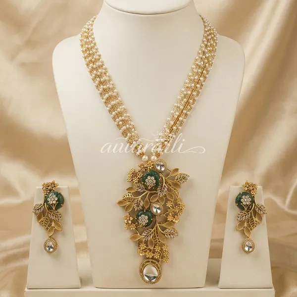 Gold_Tone_Green_Stone_Floral_Pearl_Beaded_Necklace_Set_For_Women