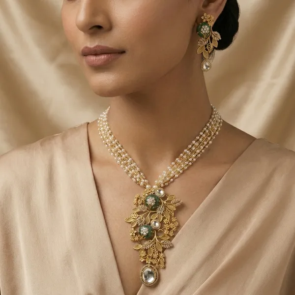 Gold_Tone_Green_Stone_Floral_Pearl_Beaded_Necklace_Set_For_Women