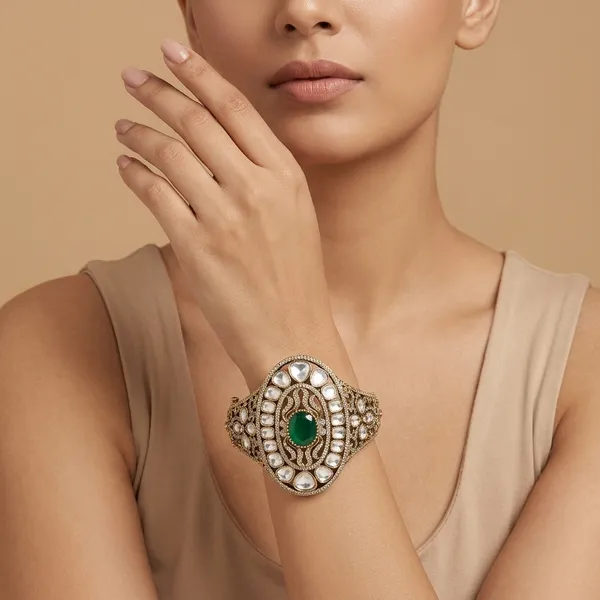 Gold_Plated_Kundan_Green_Stone_Bangle_Set_For_Women