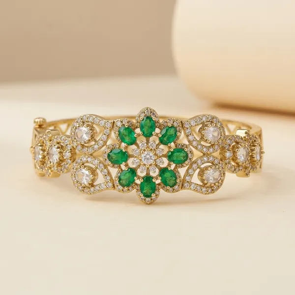 Gold_Plated_Green_Stone_Floral_Bangle_Bracelet