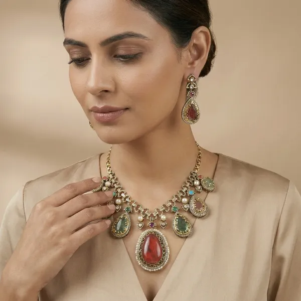 Multicolor_Stone_Gold_Plated_Bib_Necklace_Set_For_Women