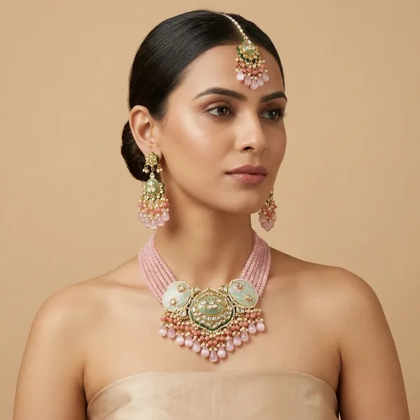 Pink_And_Green_Kundan_Meenakari_Choker_Necklace_Set_With_Tikka