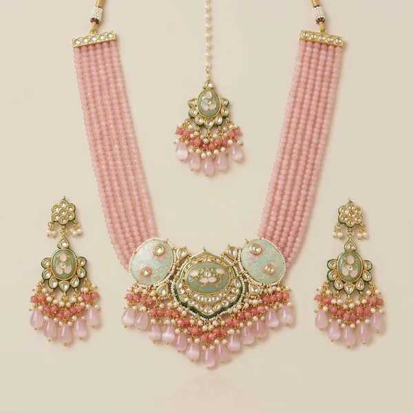 Pink_And_Green_Kundan_Meenakari_Choker_Necklace_Set_With_Tikka