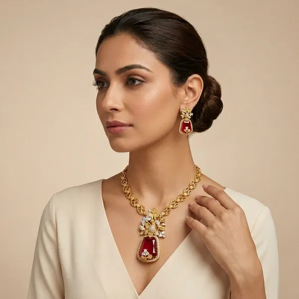 Gold_Plated_Ruby_Stone_Brass_Floral_Necklace_Set_For_Women