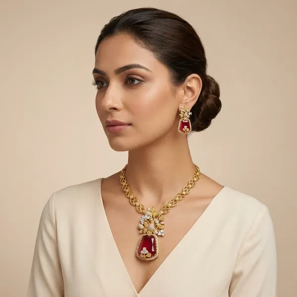 Gold_Plated_Ruby_Stone_Brass_Floral_Necklace_Set_For_Women