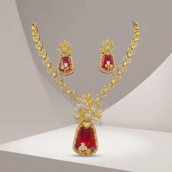 Gold_Plated_Ruby_Stone_Brass_Floral_Necklace_Set_For_Women
