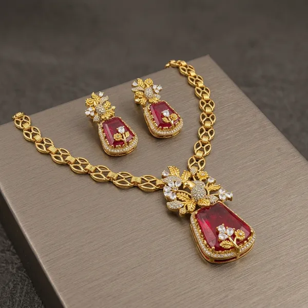 Gold_Plated_Ruby_Stone_Brass_Floral_Necklace_Set_For_Women
