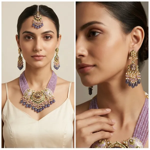 Gold_Tone_Purple_Kundan_Choker_Necklace_Set_With_Earrings_And_Maang_Tikka