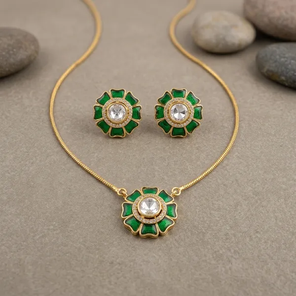 Green_Enamel_Brass_Floral_Pendant_Set_With_Earrings_For_Women
