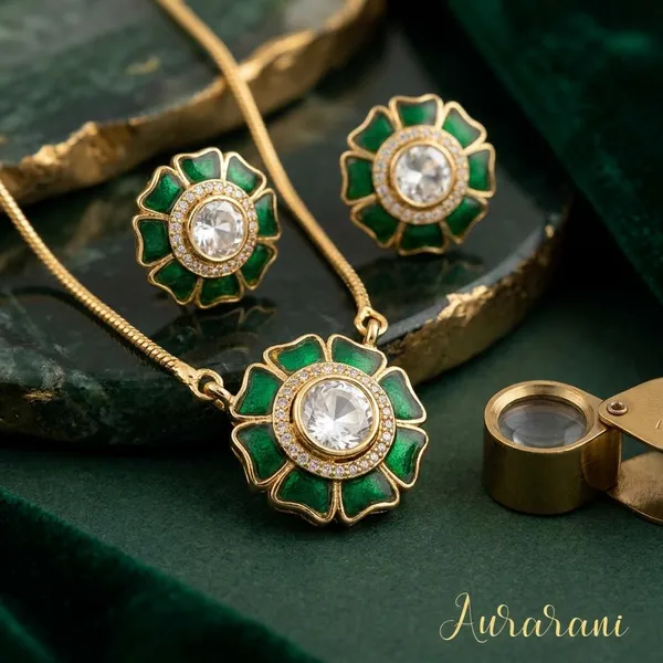 Green_Enamel_Brass_Floral_Pendant_Set_With_Earrings_For_Women