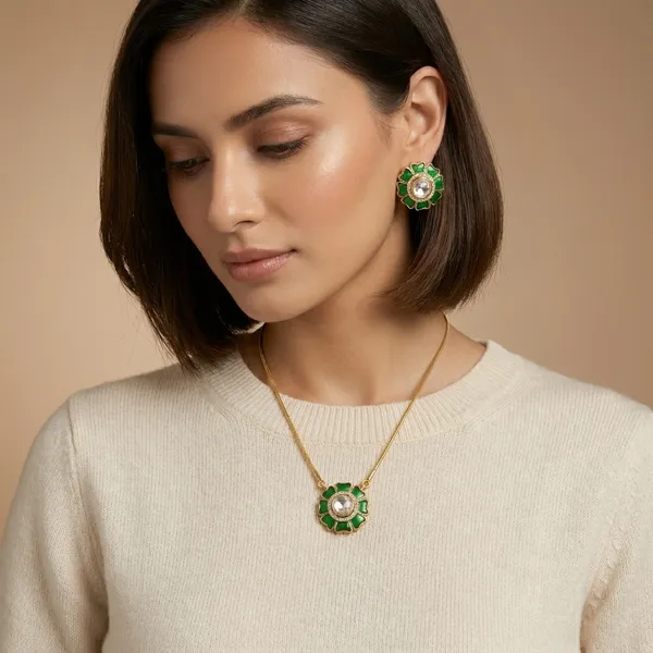 Green_Enamel_Brass_Floral_Pendant_Set_With_Earrings_For_Women