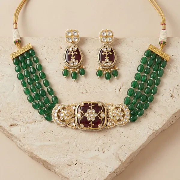 Green_Beaded_Necklace_With_Floral_Enamel_Centerpiece_And_Matching_Earrings