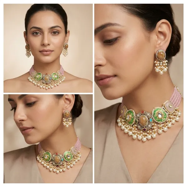 Pink_Enamel_Kundan_Choker_Necklace_Set_With_Pearl_Drops