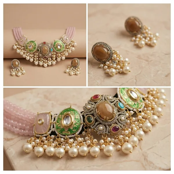 Pink_Enamel_Kundan_Choker_Necklace_Set_With_Pearl_Drops