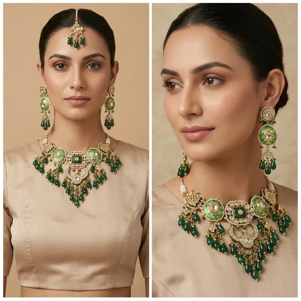 Green_Meenakari_Kundan_Choker_Necklace_Set_With_Earrings