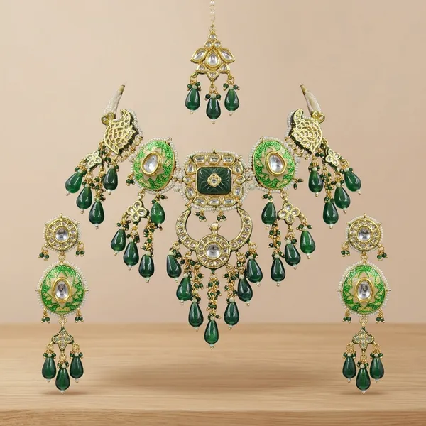 Green_Meenakari_Kundan_Choker_Necklace_Set_With_Earrings