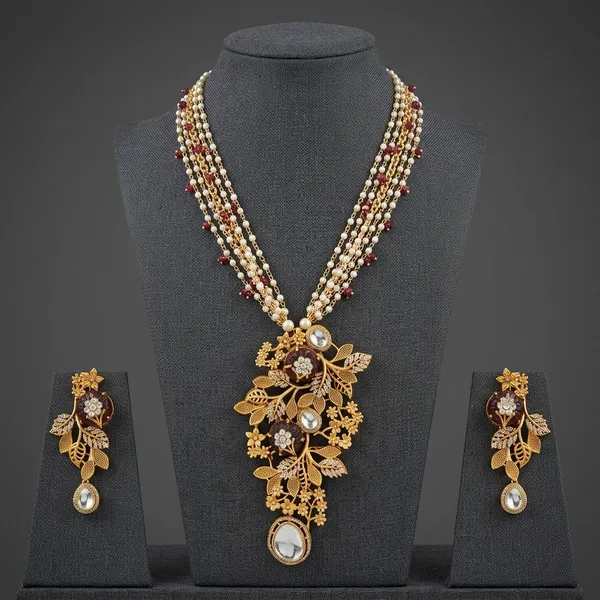 Gold_Tone_Kundan_Pearl_Maroon_Stone_Floral_Necklace_Set_For_Women