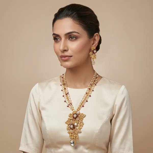 Gold_Tone_Kundan_Pearl_Maroon_Stone_Floral_Necklace_Set_For_Women