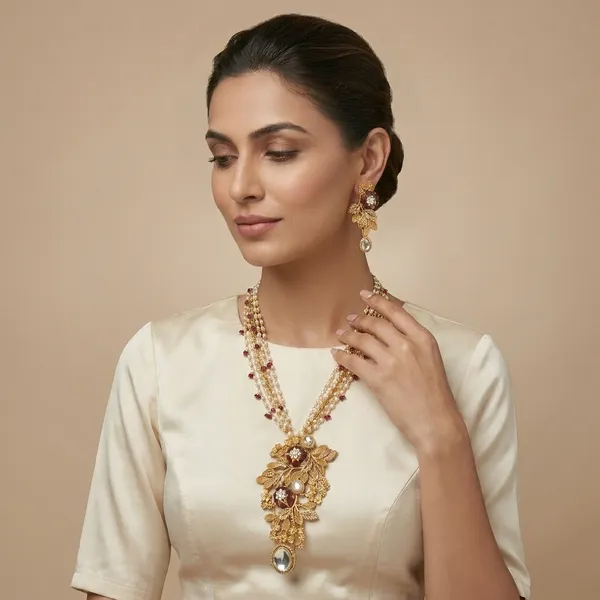 Gold_Tone_Kundan_Pearl_Maroon_Stone_Floral_Necklace_Set_For_Women