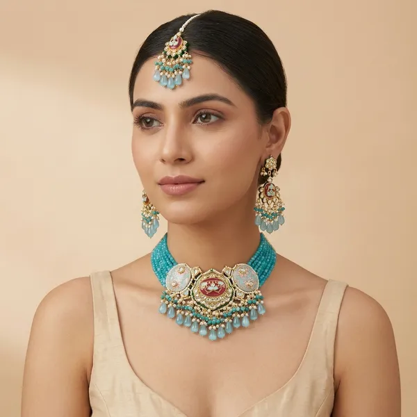 Turquoise_Kundan_Meenakari_Choker_Necklace_Set_With_Earrings_And_Maang_Tikka