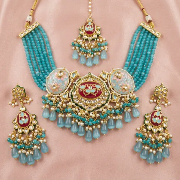 Turquoise_Kundan_Meenakari_Choker_Necklace_Set_With_Earrings_And_Maang_Tikka