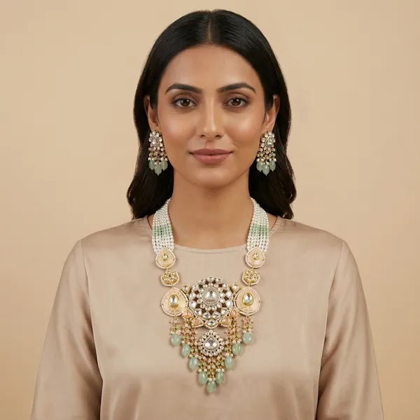 Gold_Plated_Kundan_Pearl_Green_Beaded_Necklace_Set_For_Women
