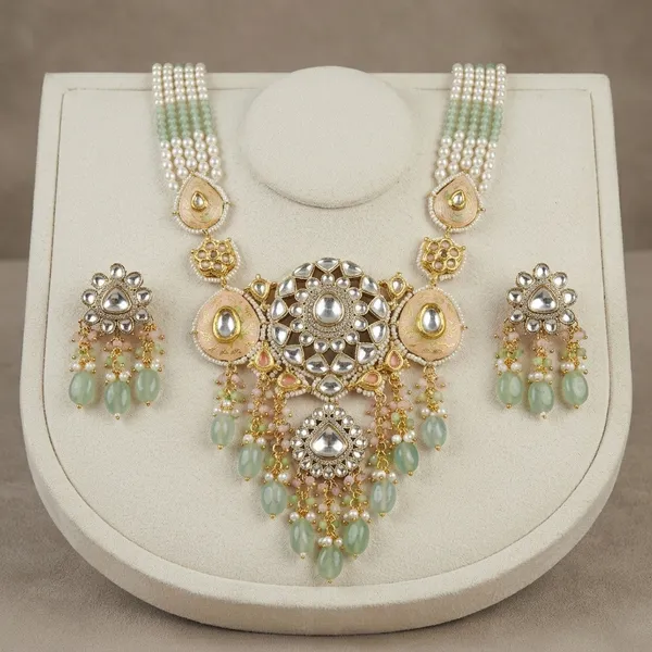 Gold_Plated_Kundan_Pearl_Green_Beaded_Necklace_Set_For_Women