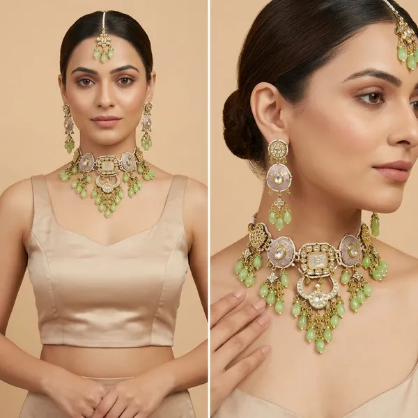 Gold_Tone_Kundan_Meenakari_Necklace_Set_With_Green_Drops