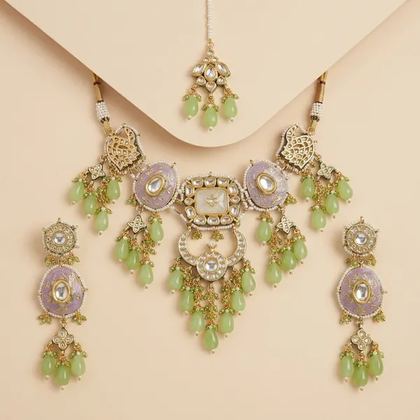 Gold_Tone_Kundan_Meenakari_Necklace_Set_With_Green_Drops