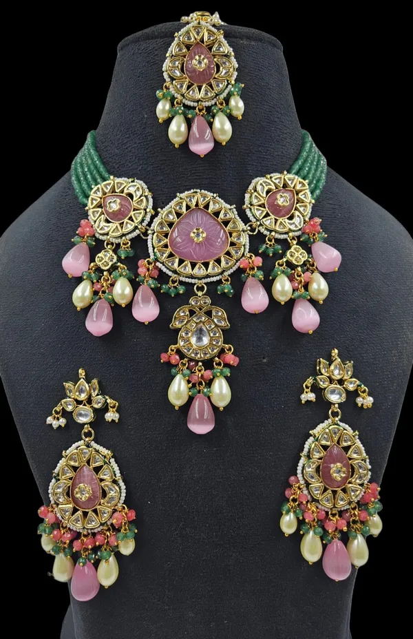 Polki_Kundan_Multicolor_Beaded_Choker_Necklace_Set_With_Earrings
