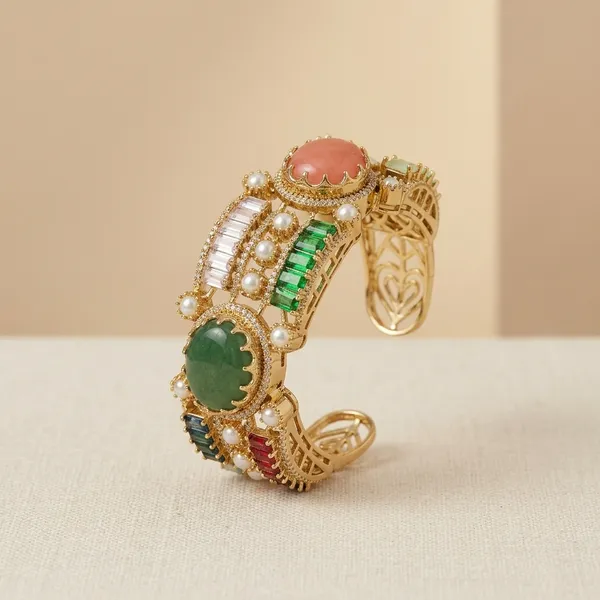 Gold_Plated_Multicolor_Gemstone_Peacock_Design_Adjustable_Bangle