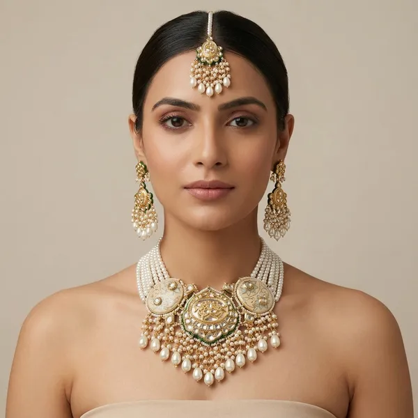 Gold_Plated_Kundan_Pearl_Choker_Necklace_Set_With_Maang_Tikka