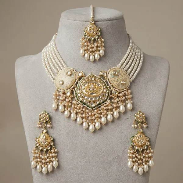 Gold_Plated_Kundan_Pearl_Choker_Necklace_Set_With_Maang_Tikka