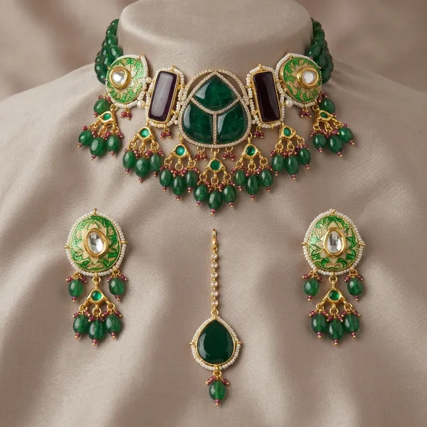 Green_Kundan_Meenakari_Choker_Necklace_Set_With_Earrings_And_Maang_Tikka