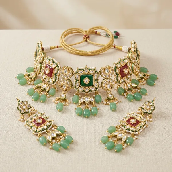 Gold_Plated_Kundan_Meenakari_Necklace_Set_With_Emerald_Drops