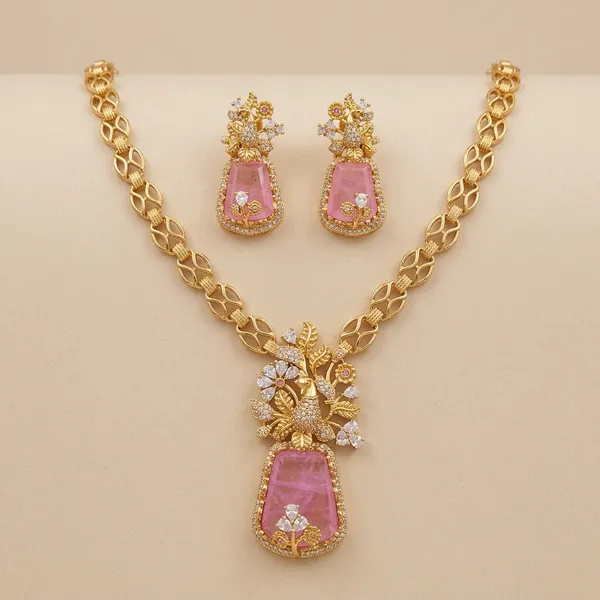 Gold_Plated_Pink_Stone_Floral_Necklace_Set_For_Women