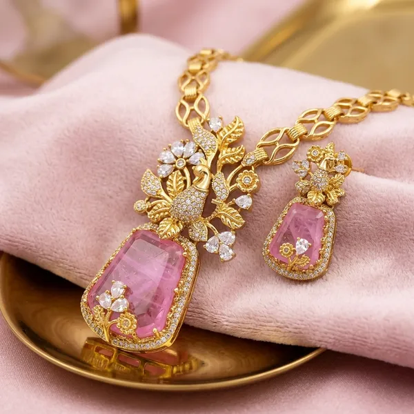 Gold_Plated_Pink_Stone_Floral_Necklace_Set_For_Women