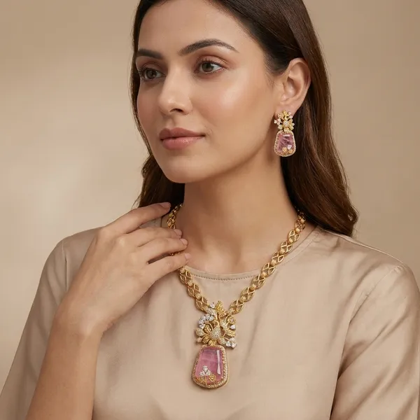 Gold_Plated_Pink_Stone_Floral_Necklace_Set_For_Women
