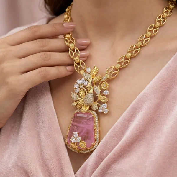 Gold_Plated_Pink_Stone_Floral_Necklace_Set_For_Women