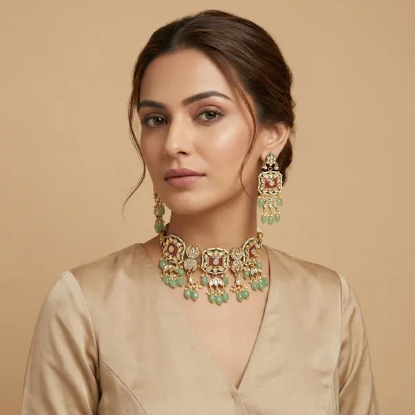 Kundan_Meenakari_Necklace_Set_With_Green_Stone_Drops