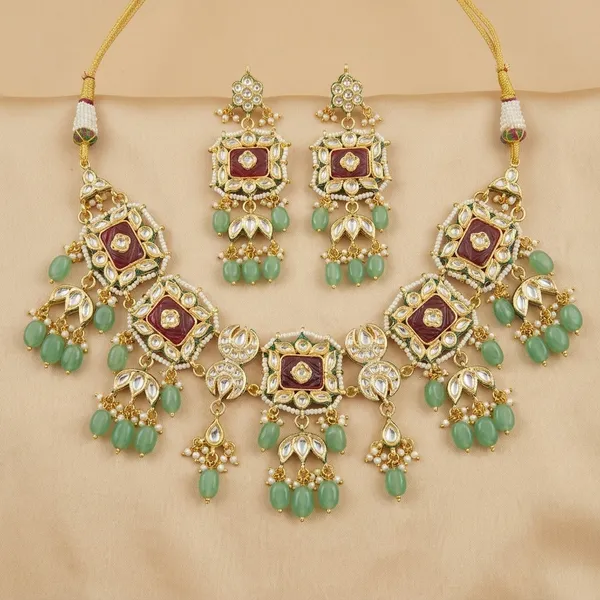 Kundan_Meenakari_Necklace_Set_With_Green_Stone_Drops