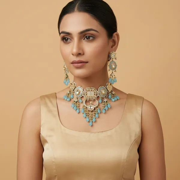 Gold_Plated_Kundan_Meenakari_Necklace_Set_With_Turquoise_Drops