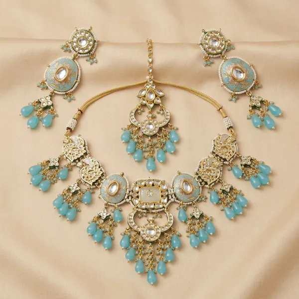Gold_Plated_Kundan_Meenakari_Necklace_Set_With_Turquoise_Drops