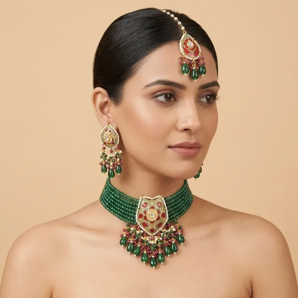 Green_Beaded_Choker_Necklace_Set_With_Earrings_And_Maang_Tikka