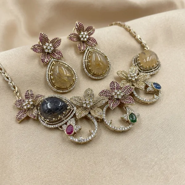 Gold_Tone_Rutilated_Quartz_Pink_Crystal_Floral_Jewellery_Set_For_Women