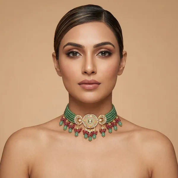 Green_Beaded_Choker_Necklace_Set_With_Pink_Stone_Drops