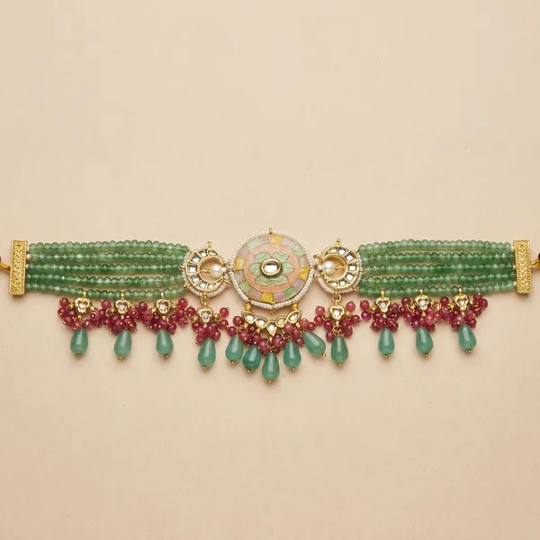Green_Beaded_Choker_Necklace_Set_With_Pink_Stone_Drops
