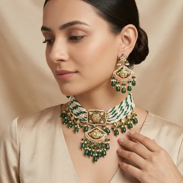 Green_Enamel_Kundan_Choker_Necklace_Set_For_Women