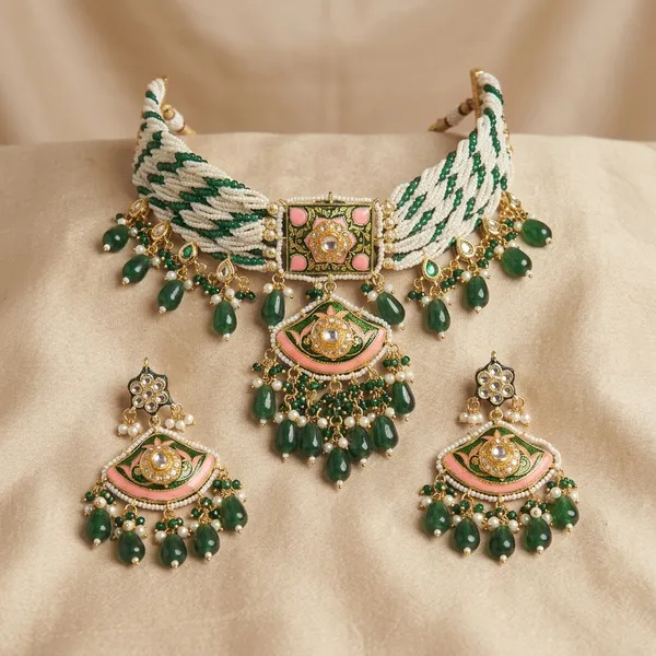 Green_Enamel_Kundan_Choker_Necklace_Set_For_Women